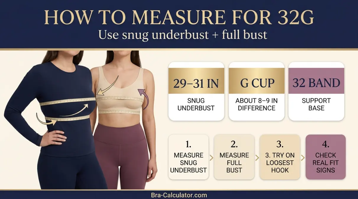 32G bra measurement diagram showing 29–31 inch snug underbust and cup depth