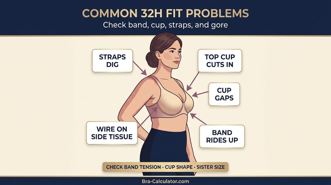 32H bra fit problem diagram showing band, cup, strap, and gore checks
