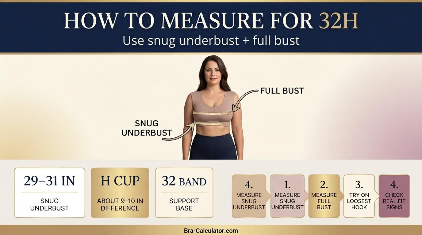 32H bra measurement diagram showing 29–31 inch snug underbust and cup depth