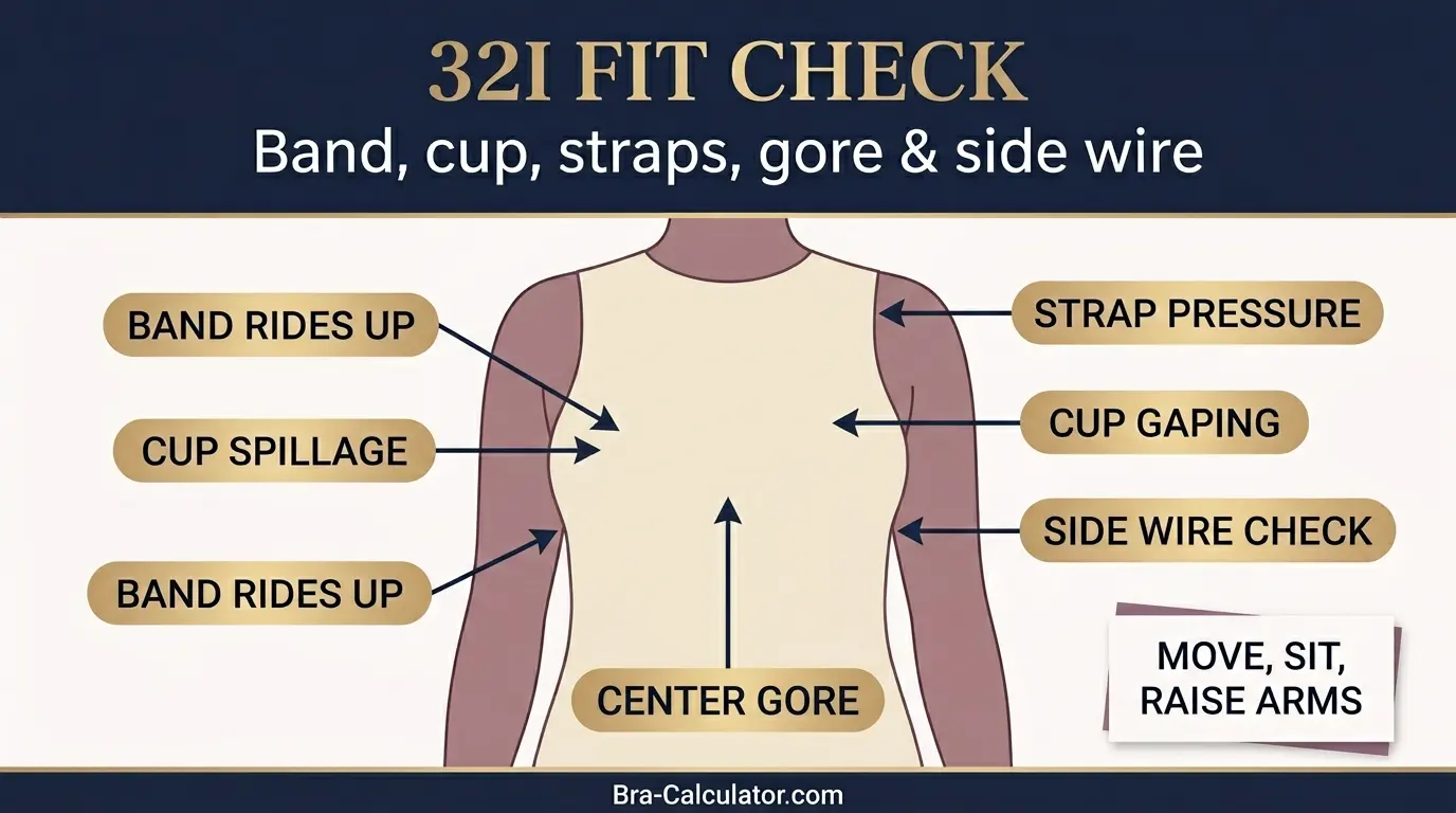 32I bra fit problem diagram showing band, cup, strap, and gore checks