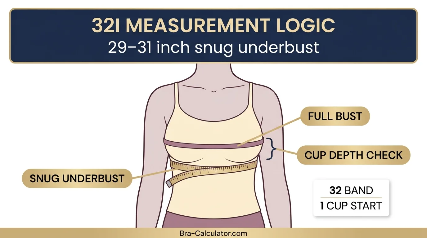 32I bra measurement diagram showing 29–31 inch snug underbust and cup depth