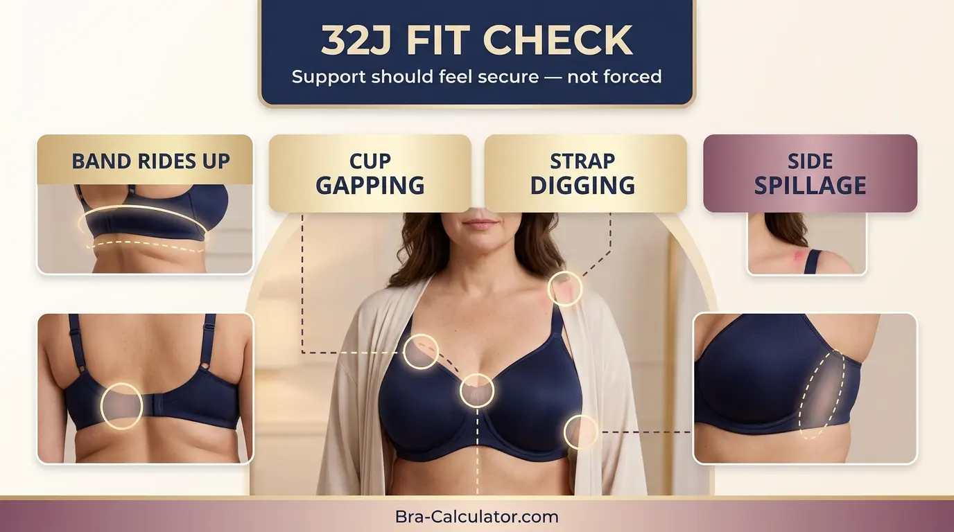 32J bra fit problem diagram showing band, cup, strap, and gore checks