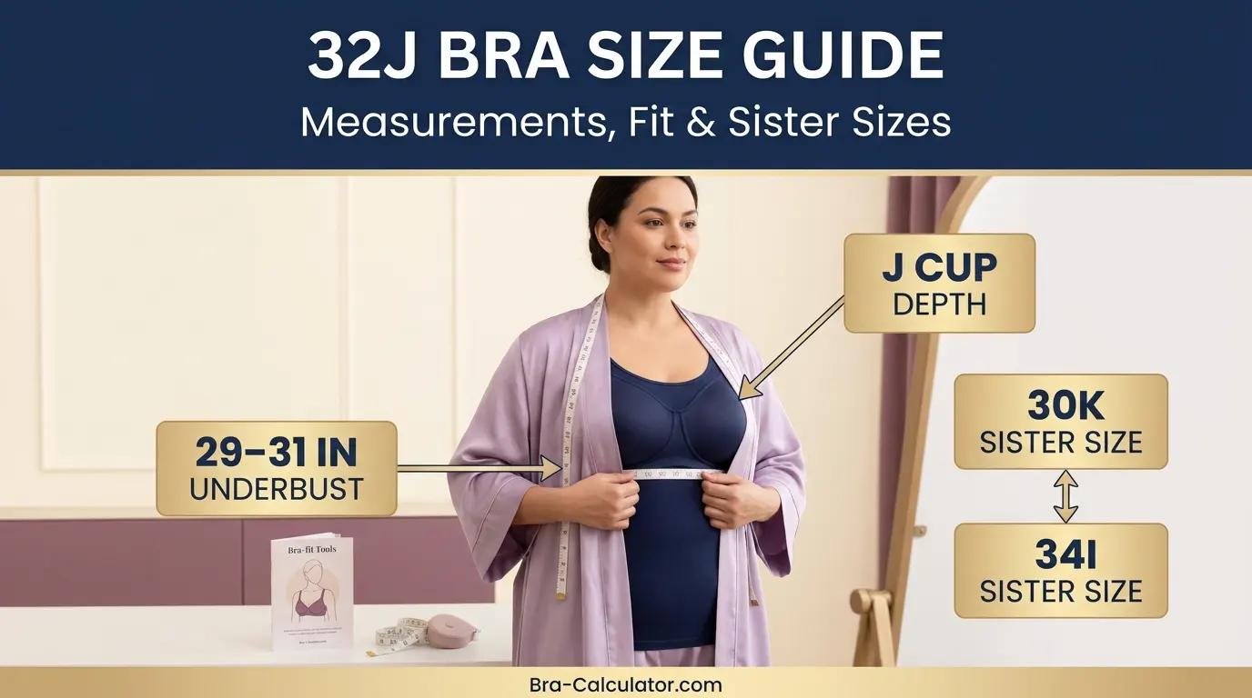 32J bra size guide visual with measurement tape and navy gold branding
