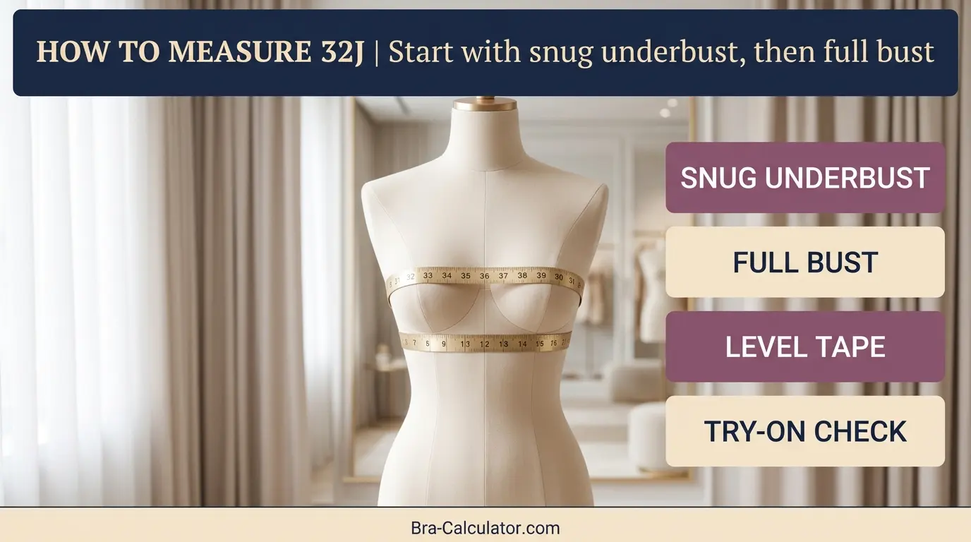 32J bra measurement diagram showing 29–31 inch snug underbust and cup depth