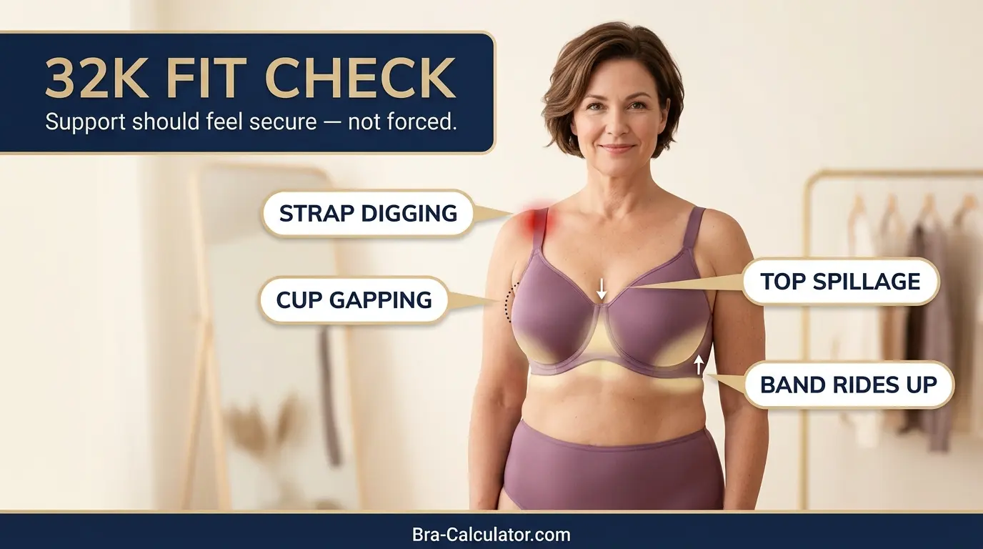 32K bra fit problem diagram showing band, cup, strap, and gore checks