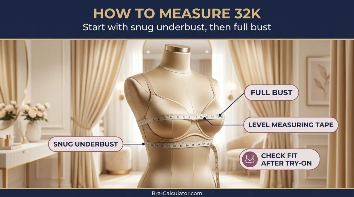 32K bra measurement diagram showing 29–31 inch snug underbust and cup depth