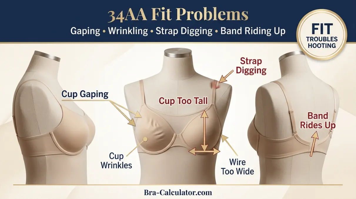 34AA bra fit problems diagram showing cup gaping spillage side tissue strap digging and band riding up