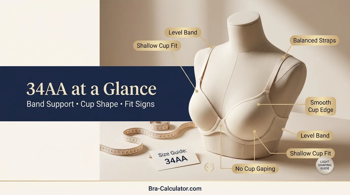 34AA bra size guide visual with band, cup depth, and fit-check notes