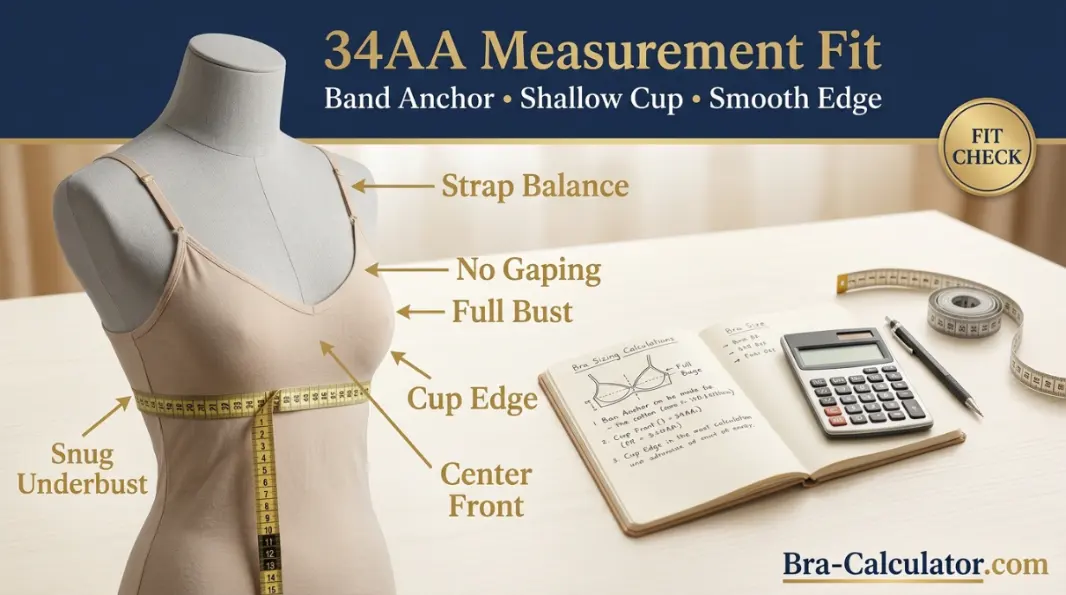 34AA bra size measurement guide showing band anchor cup depth and fit checklist