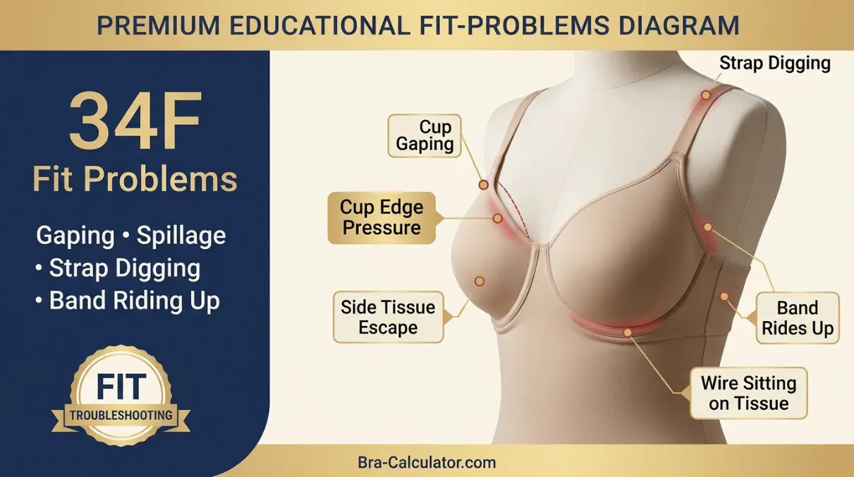 34F bra fit problems diagram showing cup gaping spillage side tissue strap digging and band riding up
