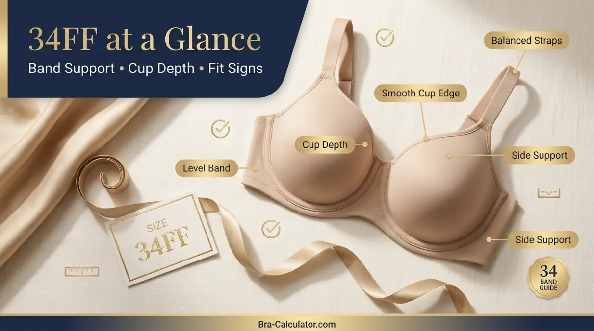34FF bra size guide visual with band, cup depth, and fit-check notes