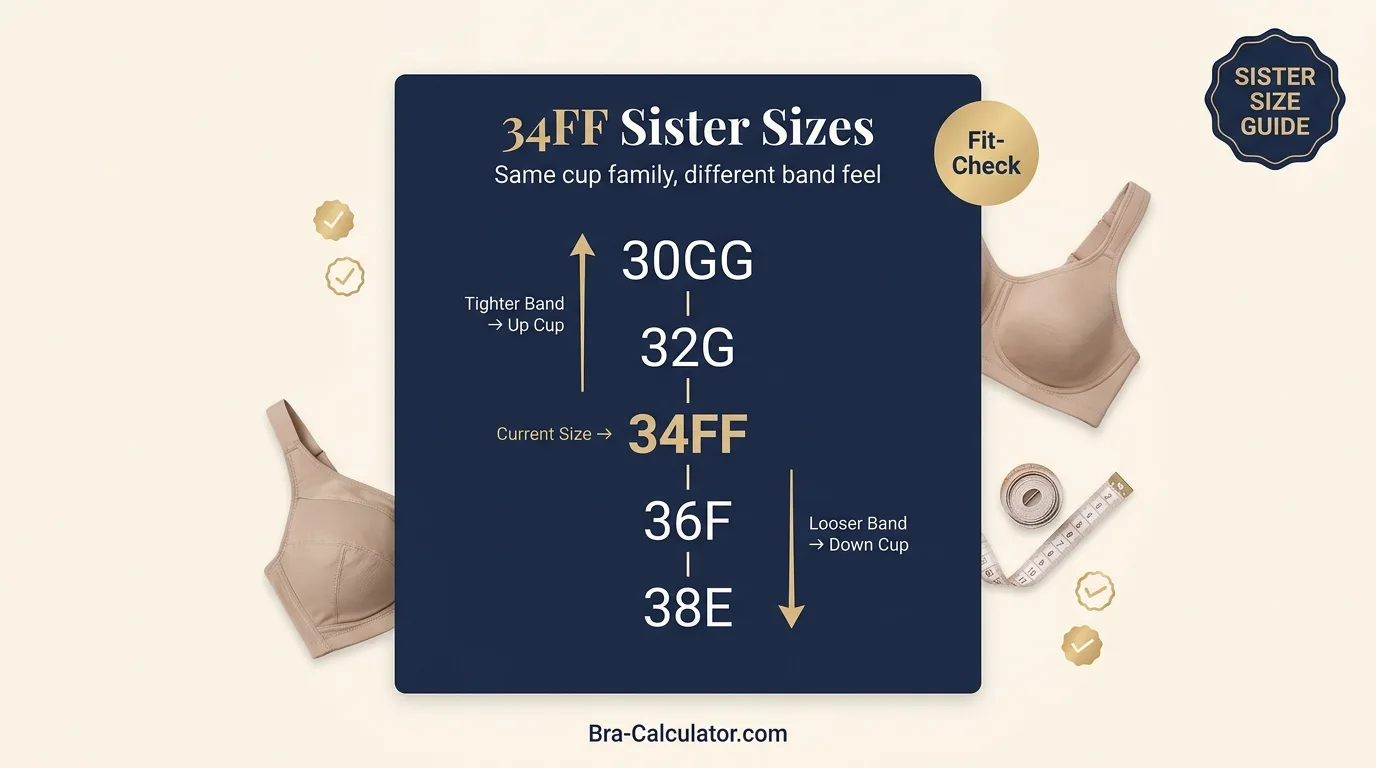 34FF bra size measurement guide showing band anchor cup depth and fit checklist