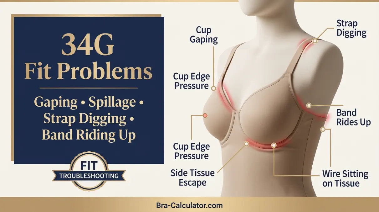34G bra fit problems diagram showing cup gaping spillage side tissue strap digging and band riding up