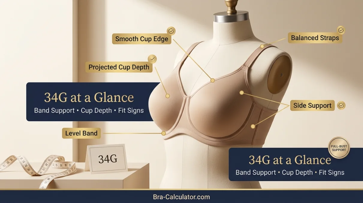 34G bra size guide visual with band, cup depth, and fit-check notes