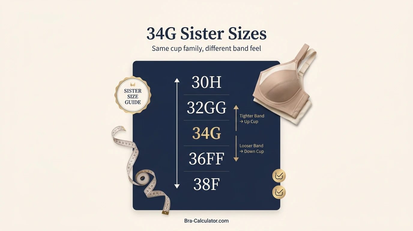 34G bra size measurement guide showing band anchor cup depth and fit checklist