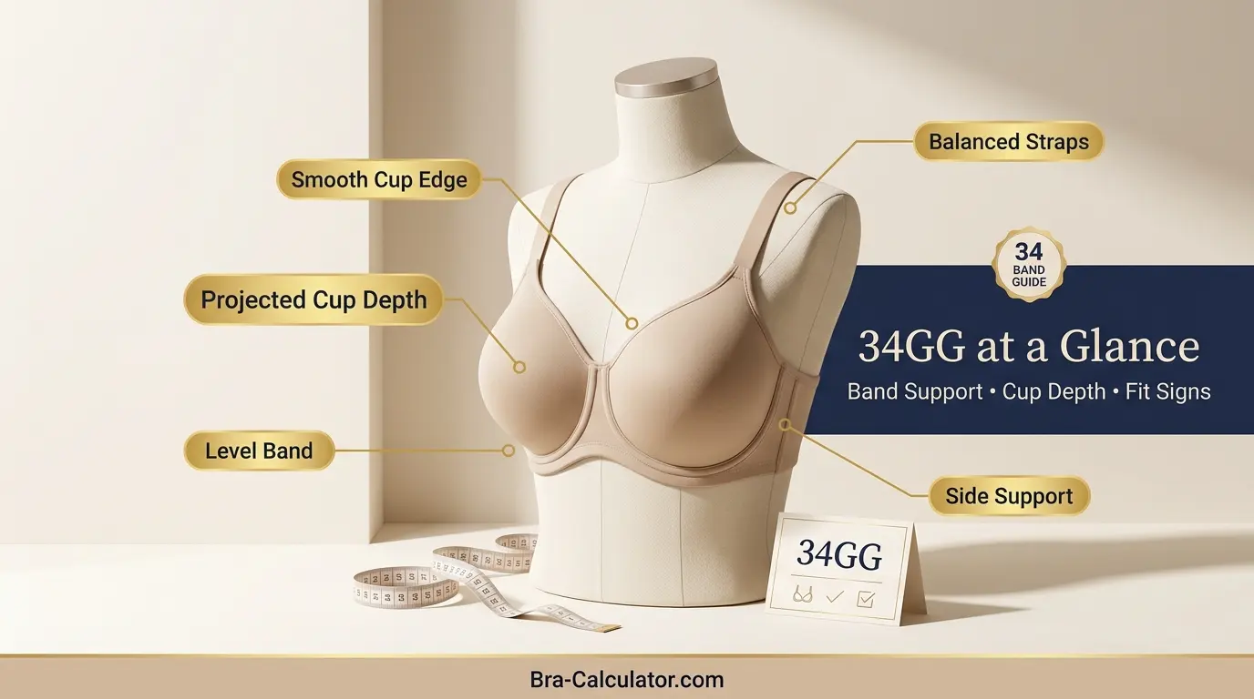 34GG bra size guide visual with band, cup depth, and fit-check notes