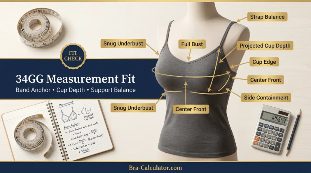 34GG bra size measurement guide showing band anchor cup depth and fit checklist