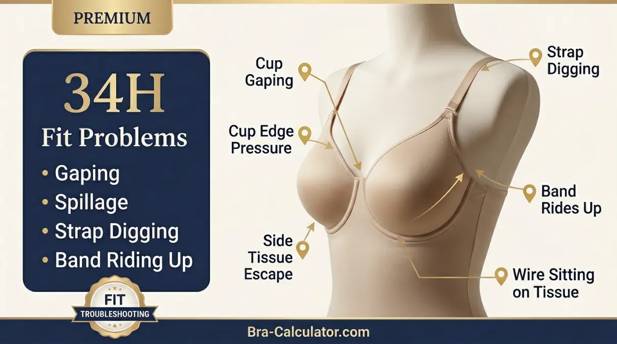 34H bra fit problems diagram showing cup gaping spillage side tissue strap digging and band riding up