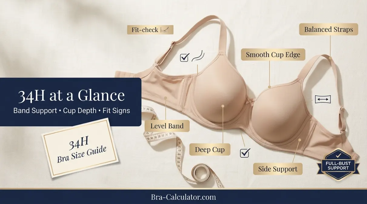 34H bra size guide visual with band, cup depth, and fit-check notes