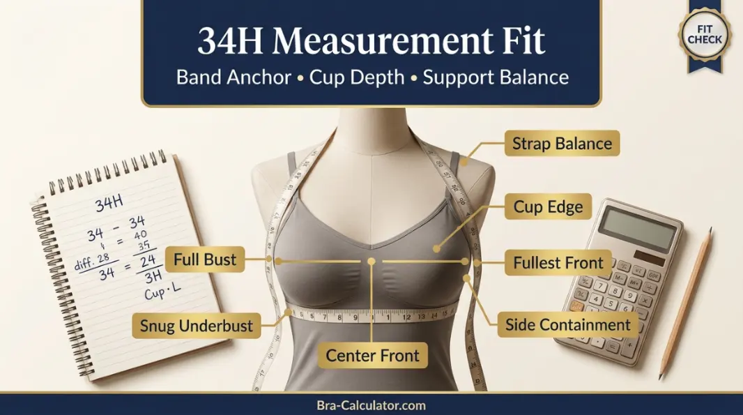 34H bra size measurement guide showing band anchor cup depth and fit checklist