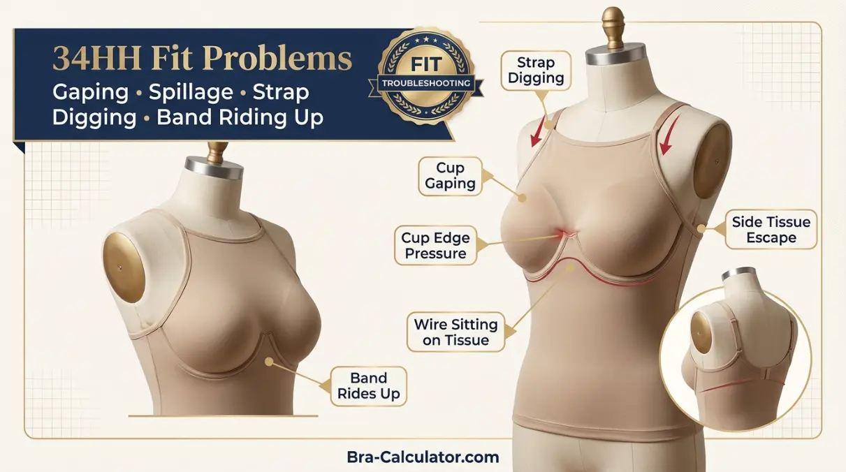 34HH bra fit problems diagram showing cup gaping spillage side tissue strap digging and band riding up