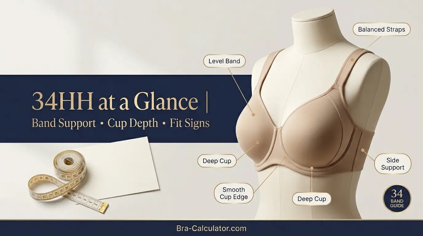 34HH bra size guide visual with band, cup depth, and fit-check notes