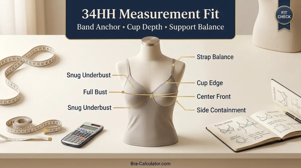 34HH bra size measurement guide showing band anchor cup depth and fit checklist