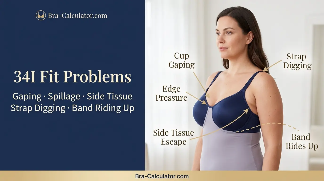 34I bra fit problems diagram showing cup gaping spillage side tissue strap digging and band riding up