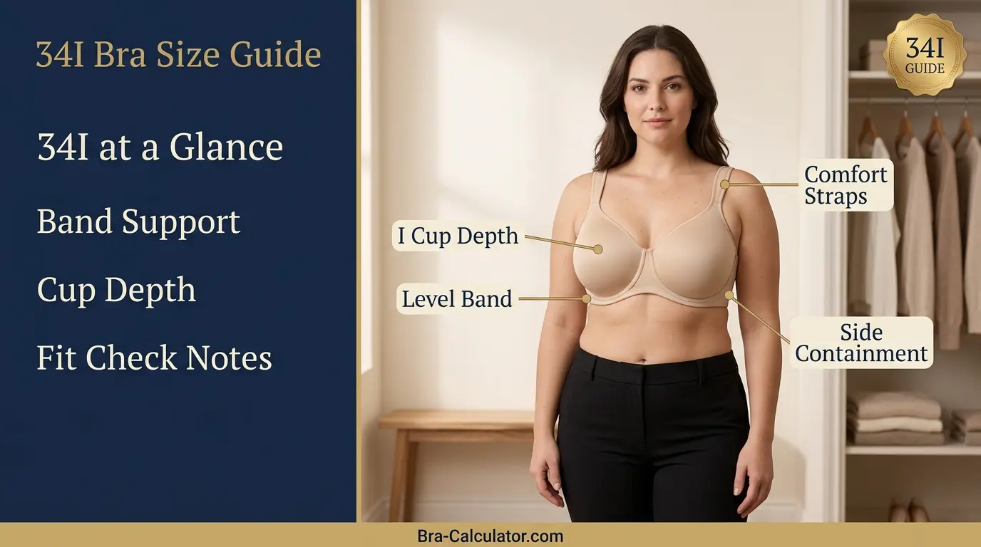 34I bra size guide visual with band, cup depth, and fit-check notes