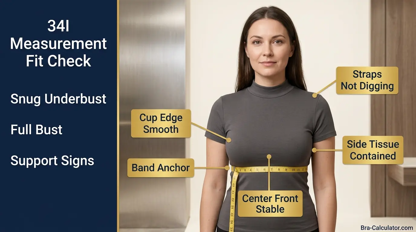 34I bra size measurement guide showing band anchor cup depth and fit checklist