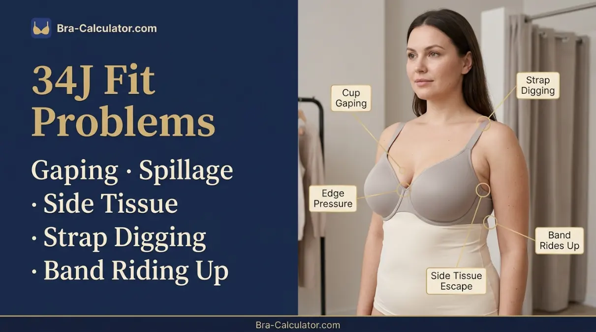 34J bra fit problems diagram showing cup gaping spillage side tissue strap digging and band riding up
