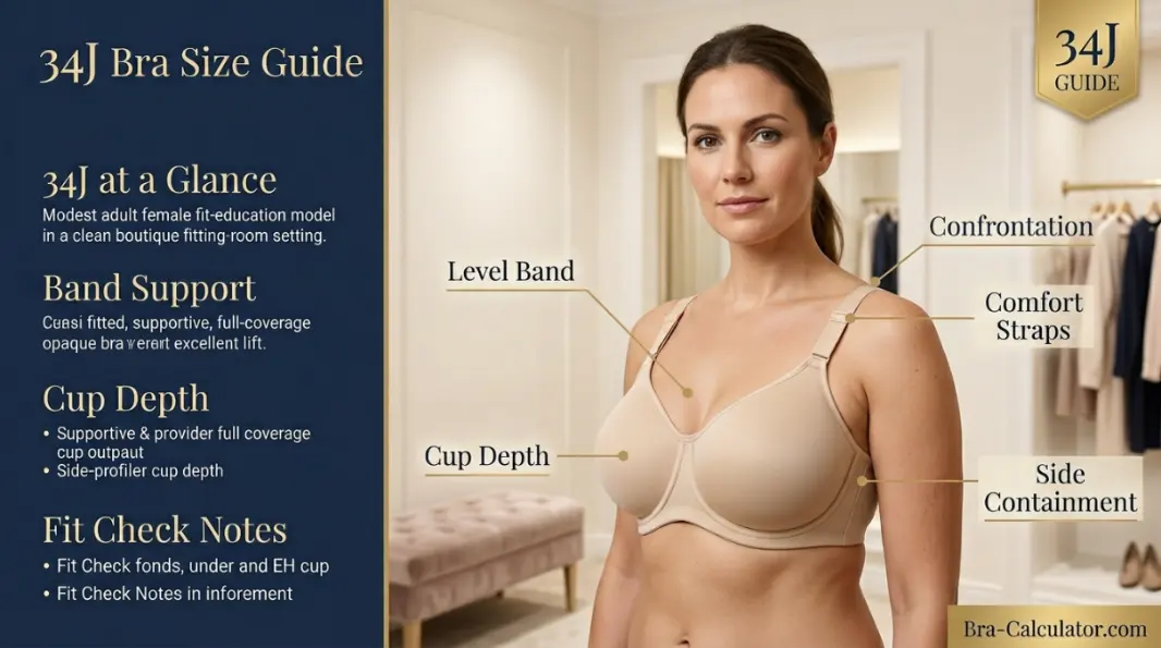 34J bra size guide visual with band, cup depth, and fit-check notes