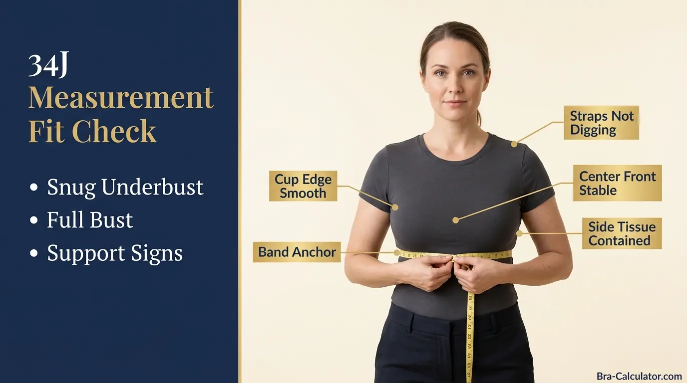 34J bra size measurement guide showing band anchor cup depth and fit checklist