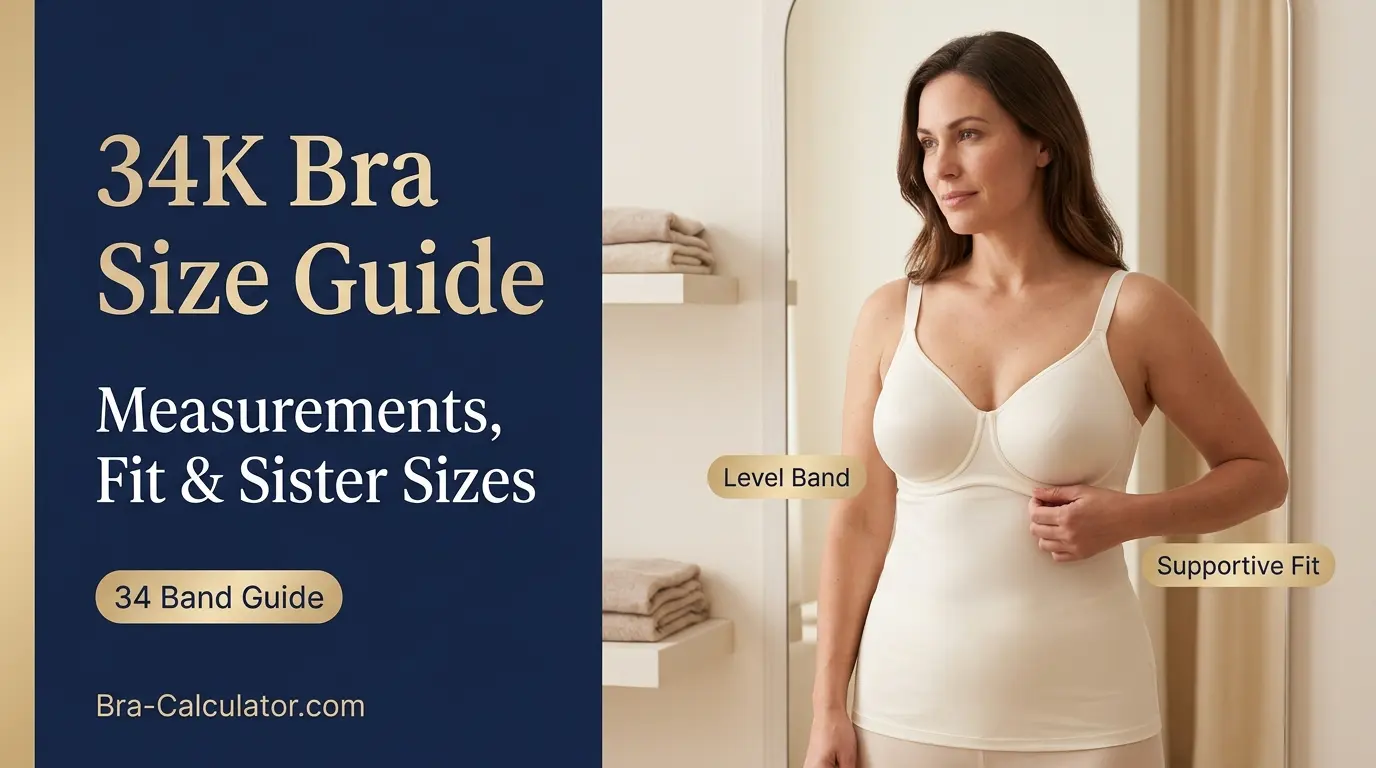 34K bra size guide visual with band, cup depth, and fit-check notes