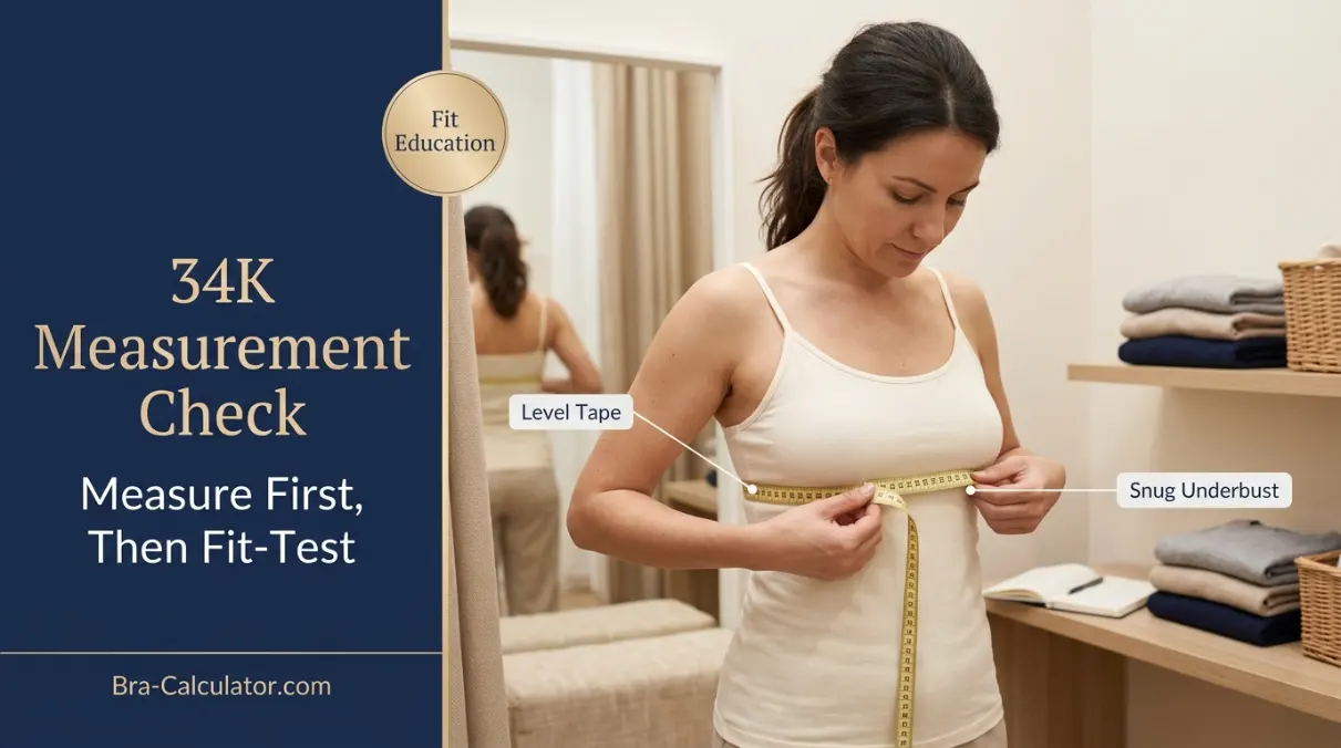 34K bra size measurement guide showing band anchor cup depth and fit checklist