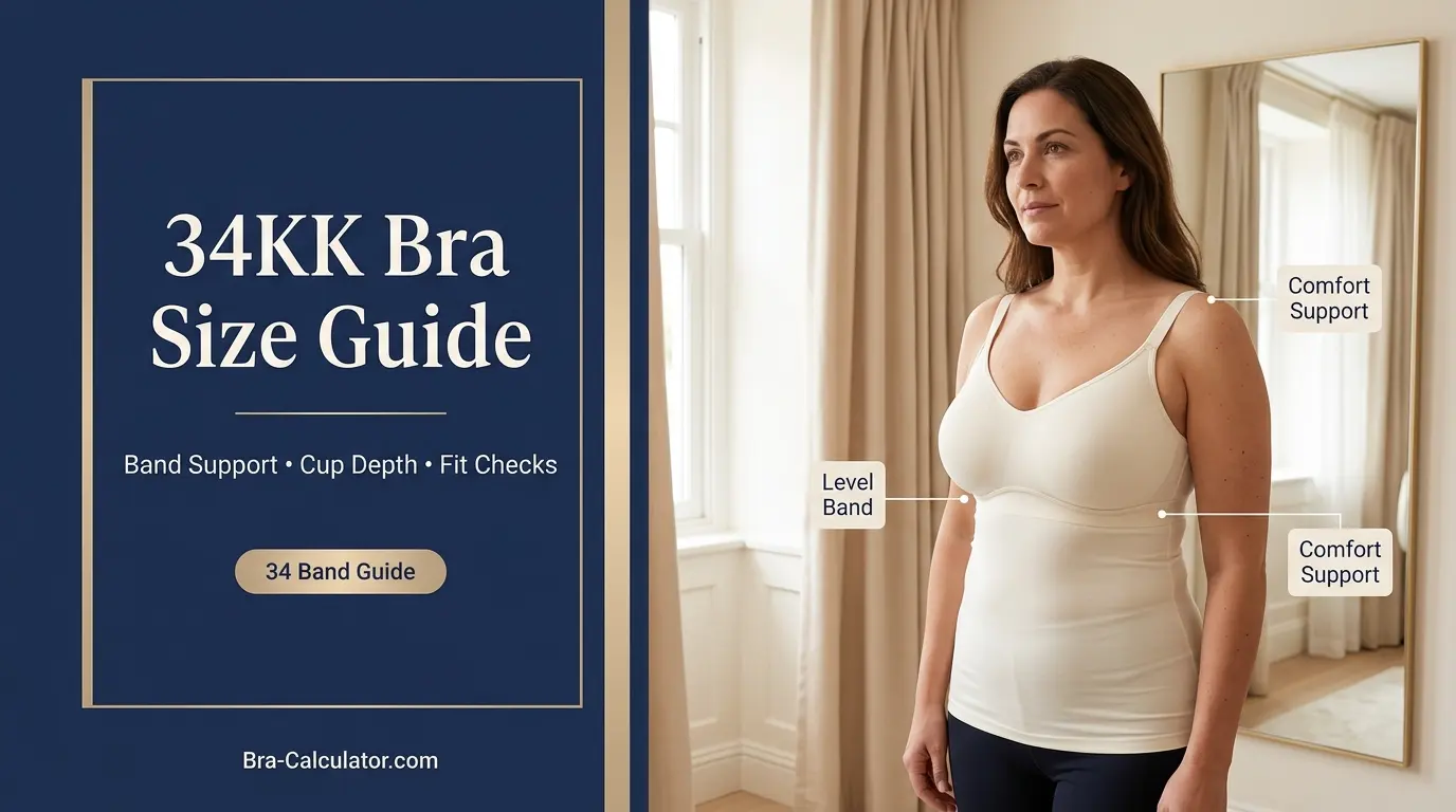 34KK bra size guide visual with band, cup depth, and fit-check notes