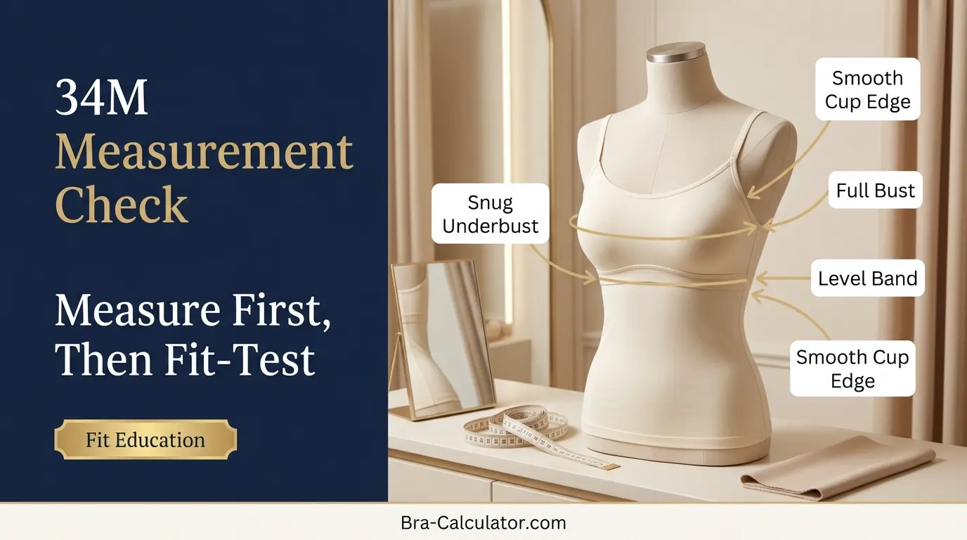 34M bra size measurement guide showing band anchor cup depth and fit checklist