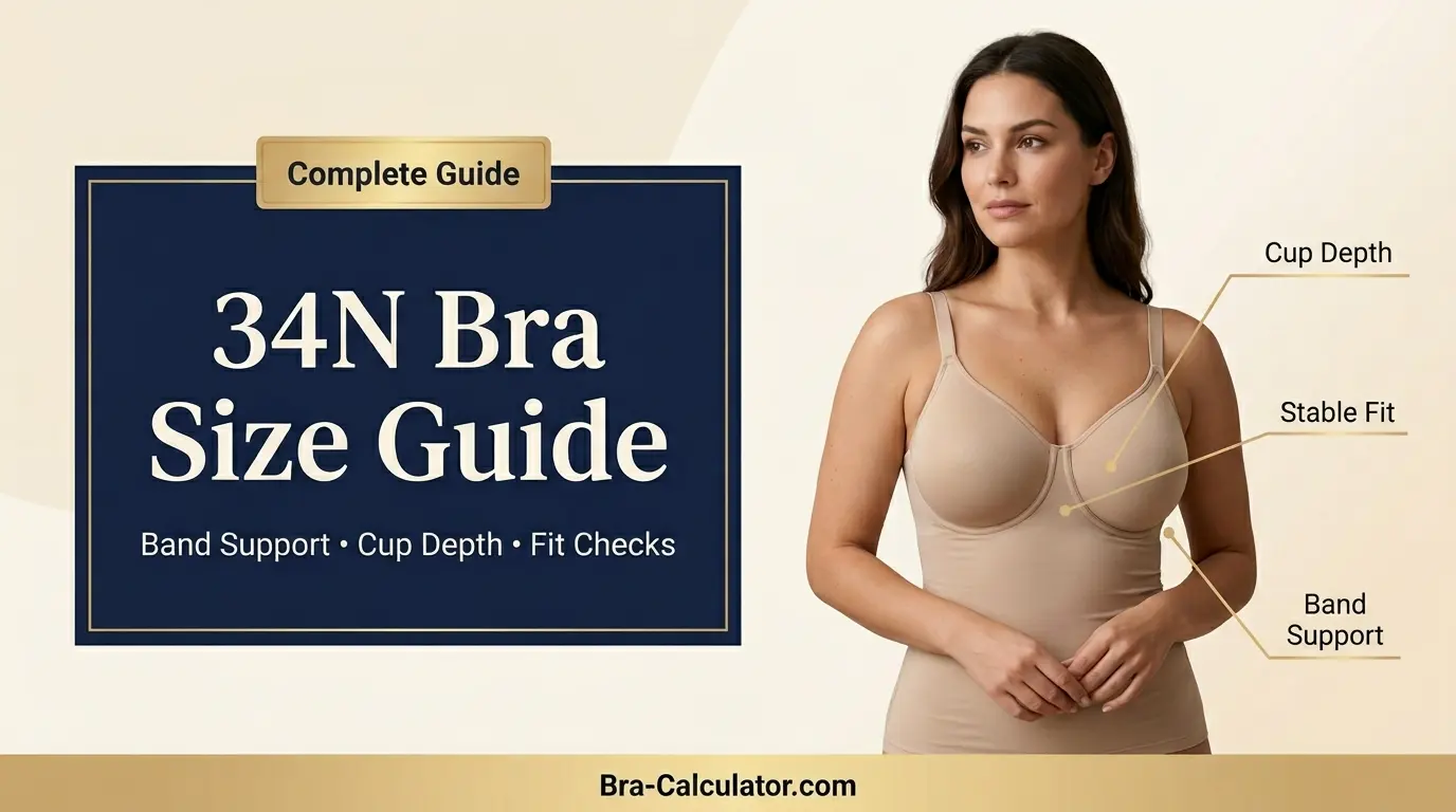 34N bra size guide visual with band, cup depth, and fit-check notes
