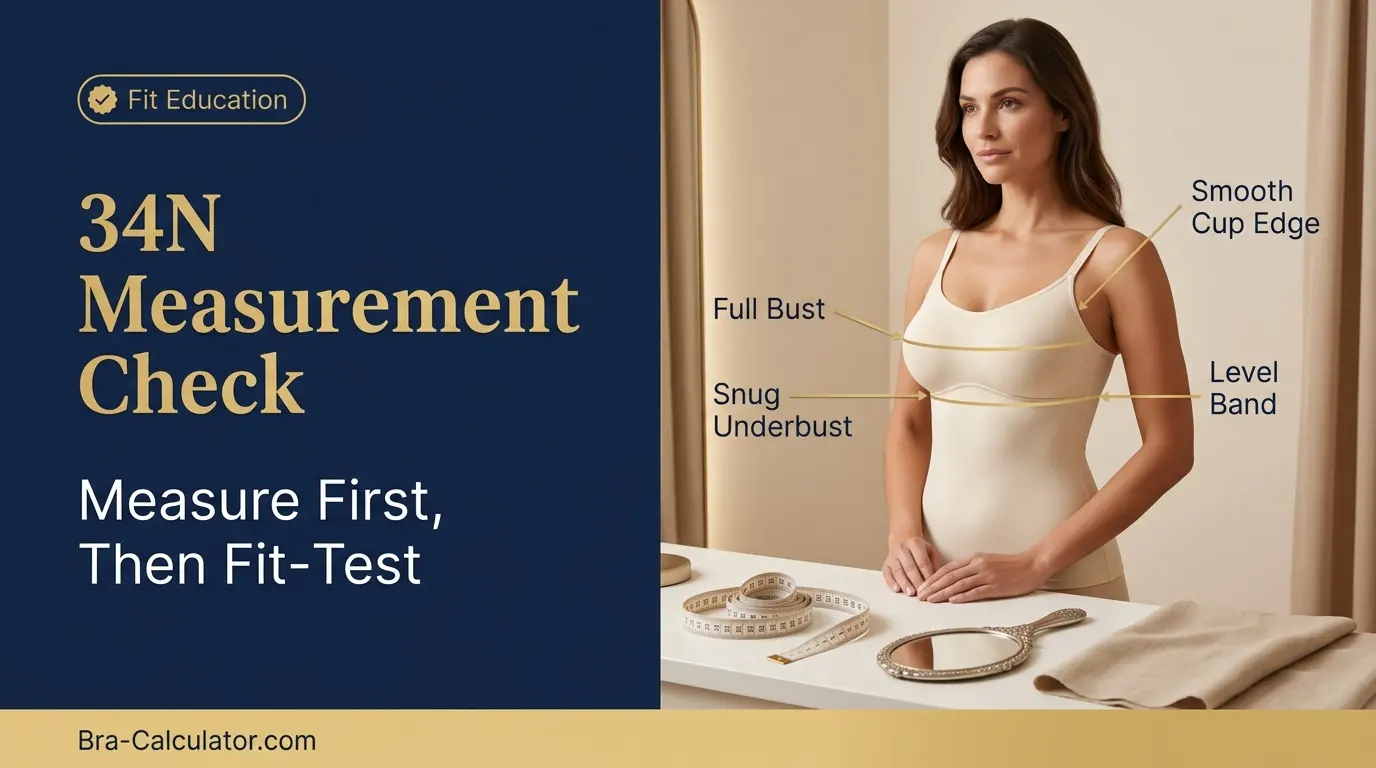 34N bra size measurement guide showing band anchor cup depth and fit checklist