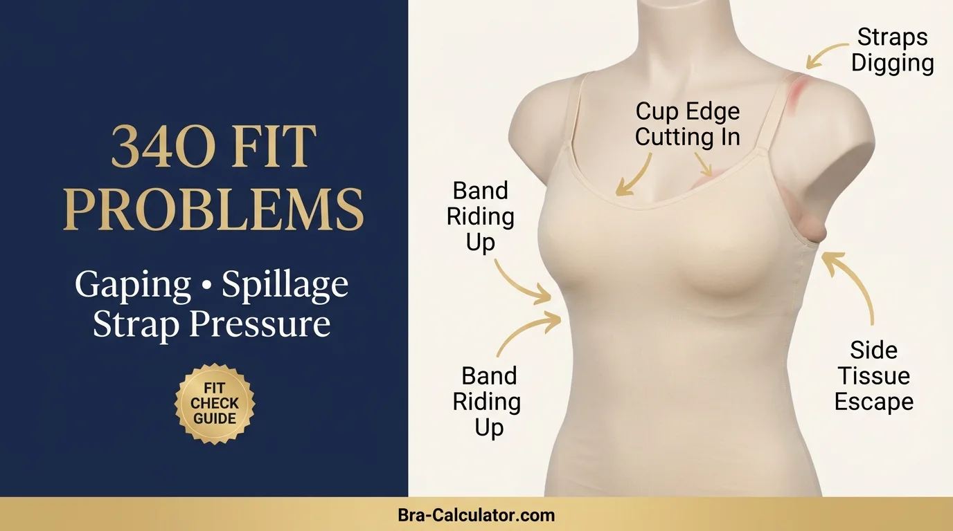 34O bra fit problems diagram showing cup gaping spillage side tissue strap digging and band riding up