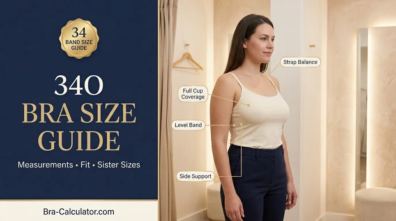 34O bra size guide visual with band, cup depth, and fit-check notes