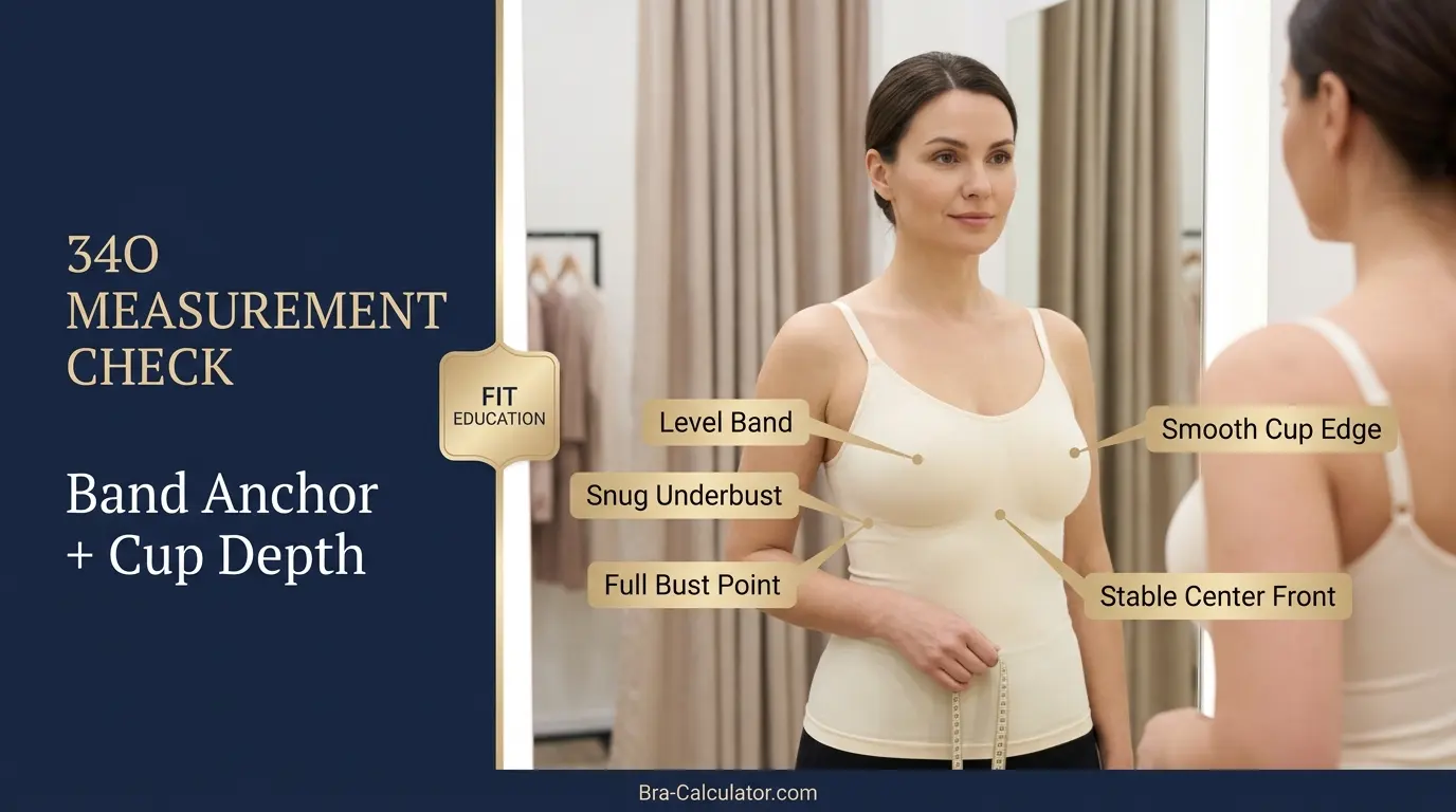 34O bra size measurement guide showing band anchor cup depth and fit checklist