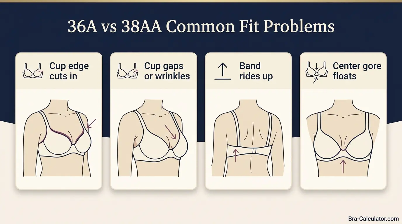 36A vs 38AA fit problem diagram showing gaping spillage floating gore band riding up and side tissue issues
