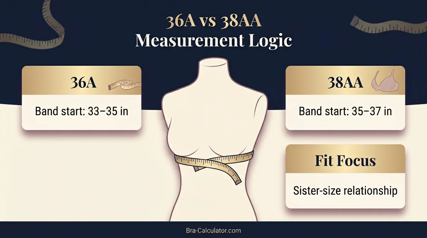 36A vs 38AA measurement logic diagram showing band starting point and cup-volume comparison