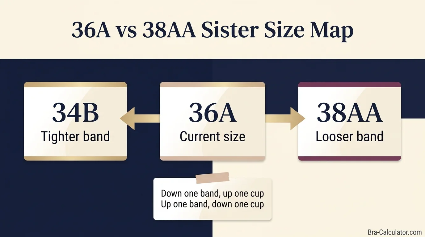 36A vs 38AA sister size guide showing tighter-band and looser-band alternatives