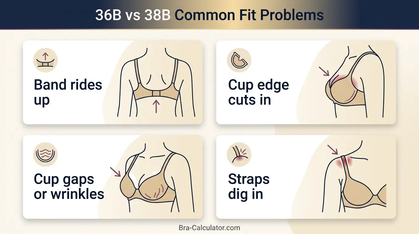 36B vs 38B fit problem diagram showing gaping spillage floating gore band riding up and side tissue issues