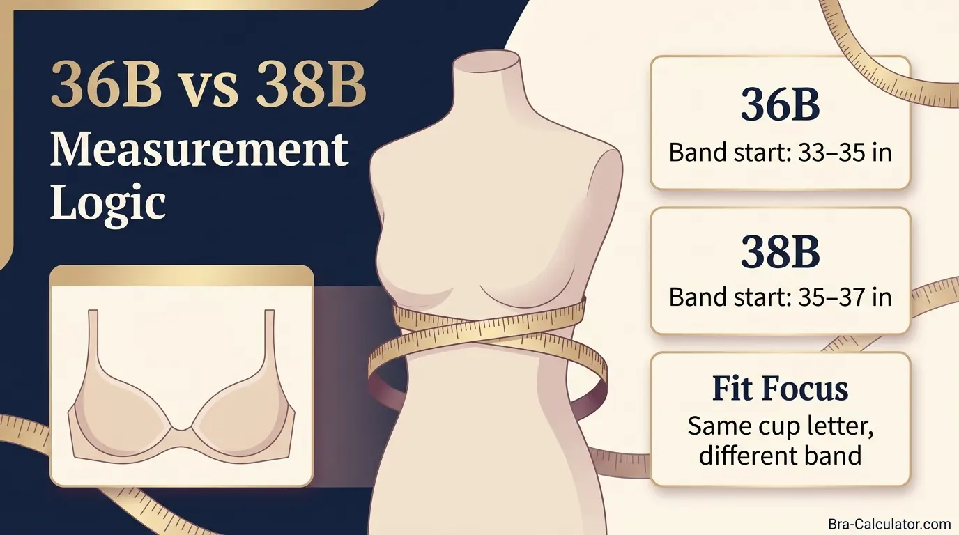 36B vs 38B measurement logic diagram showing band starting point and cup-volume comparison