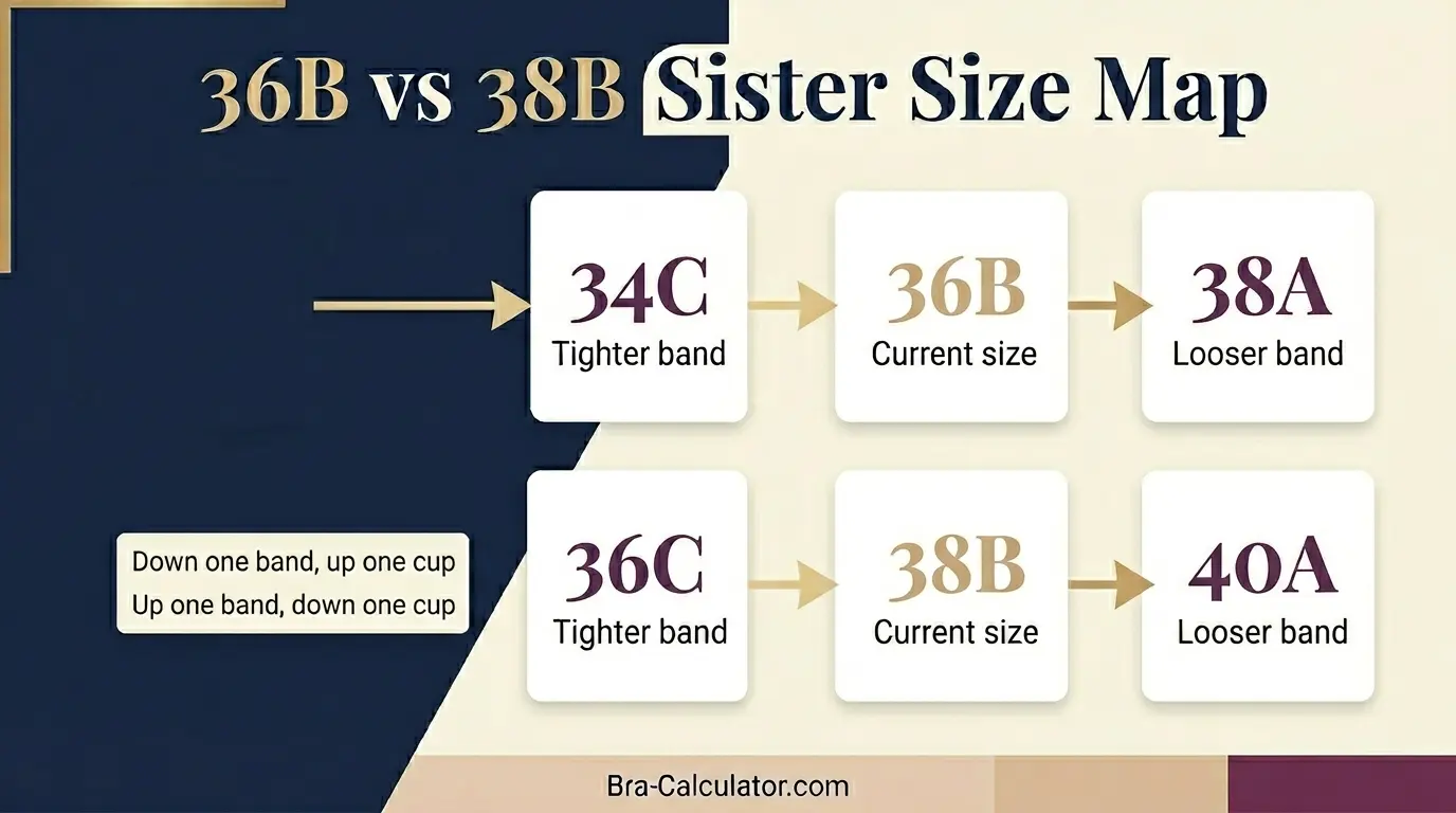 36B vs 38B sister size guide showing tighter-band and looser-band alternatives