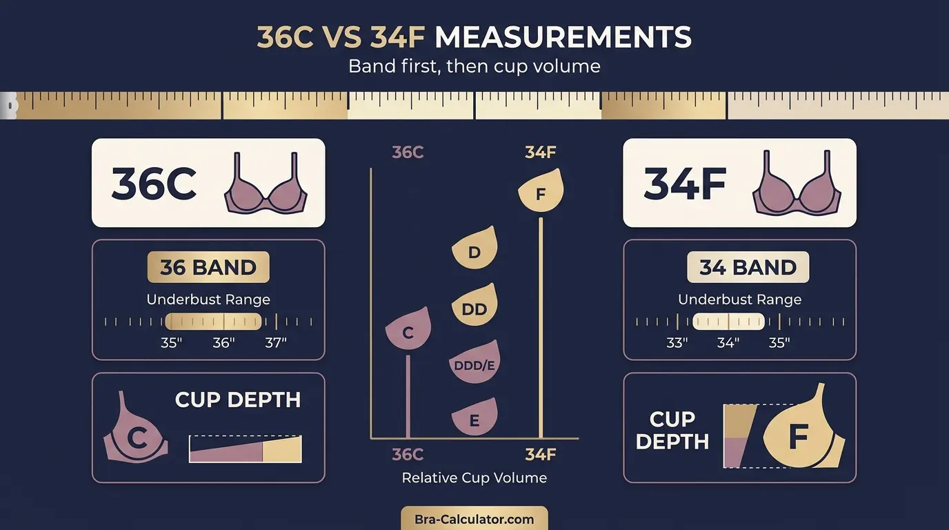 36C vs 34F measurement logic diagram showing band starting point and cup-volume comparison