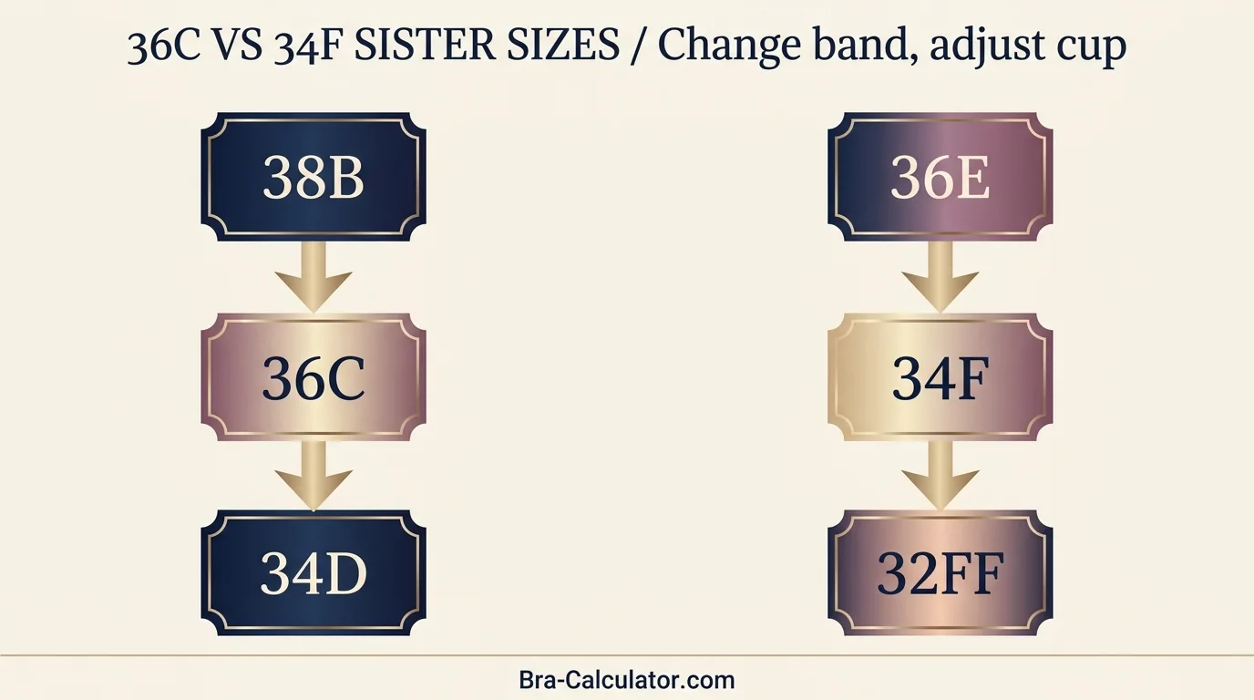 36C vs 34F sister size guide showing tighter-band and looser-band alternatives